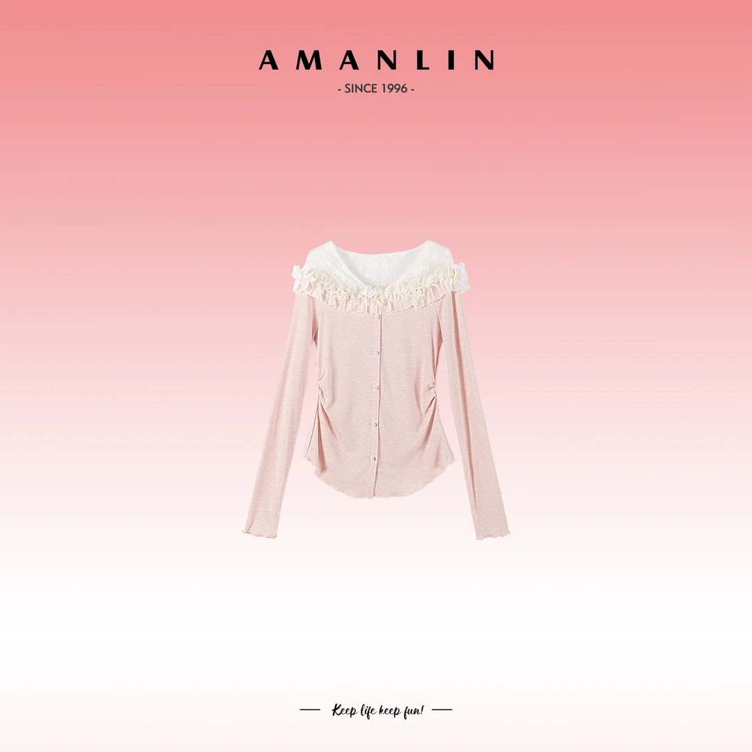 AMANLIN/阿谩琳时尚欧若风粉色长袖修身百搭气质针织上衣F595563