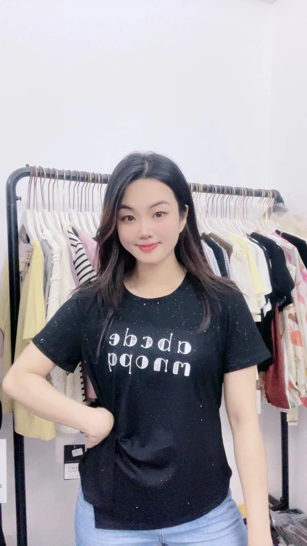 女士字母透气重工刺绣轻职风钉珠短袖T恤上衣显瘦圆领竹节棉休闲