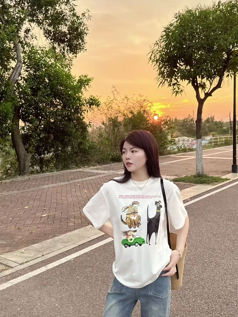 ODUOER【实体同款】创意趣味动物印花短袖大版T恤女宽松休闲上衣