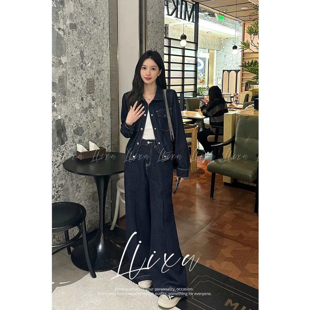 【陆仙人专属】港风复古牛仔套装女时髦洋气短外套阔腿裤气质两件套