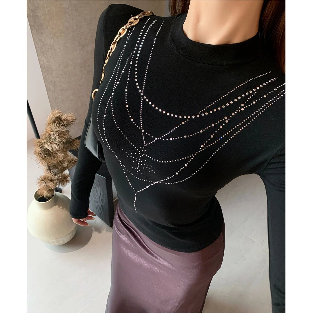 烫钻立领长袖修身t恤女磨毛保暖秋冬新款设计感小众辣妹显瘦上衣