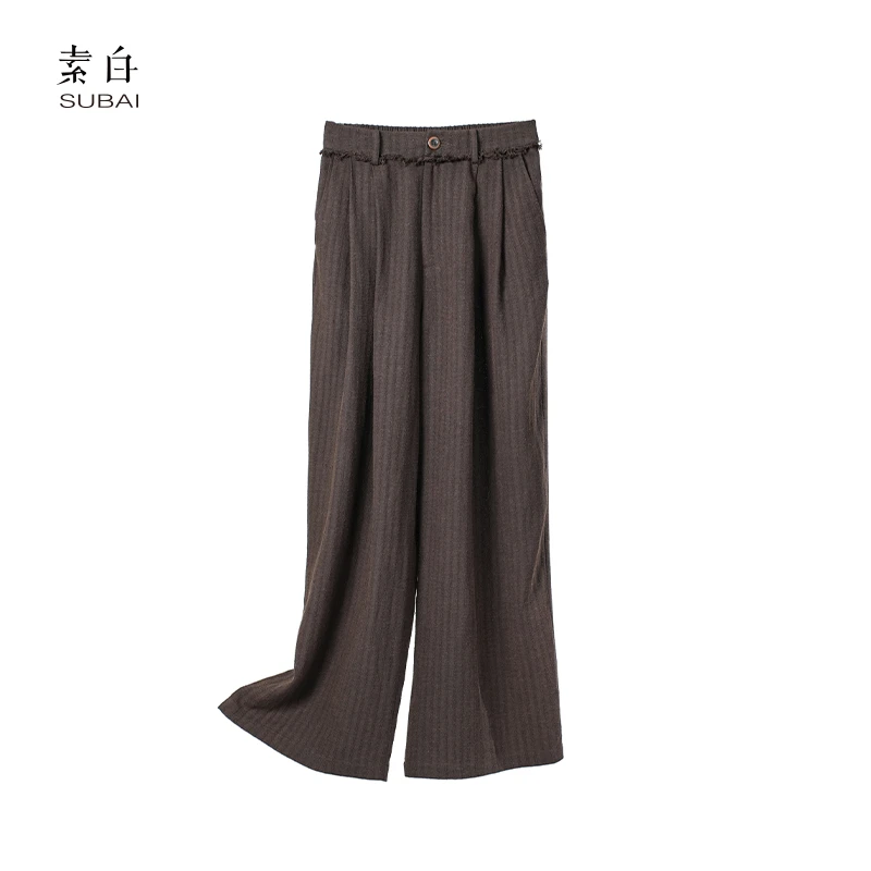 素白简约时尚【无界】K01697亚麻条纹提花休闲裤