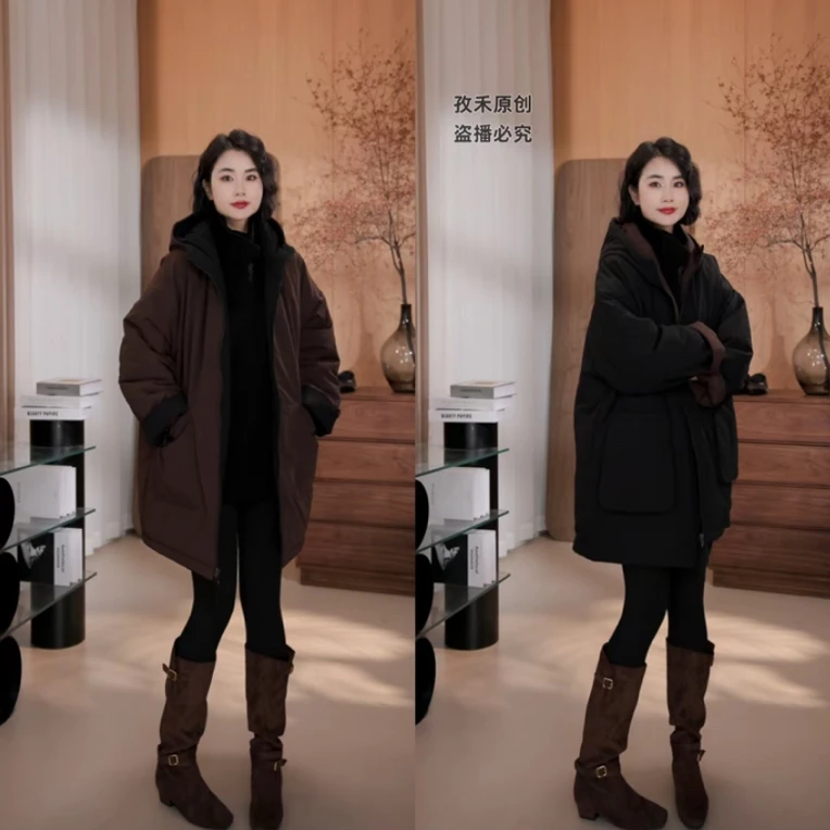 【现货】冬季正反两穿连帽棉衣显瘦减龄宽松百搭中长款女士外套保暖