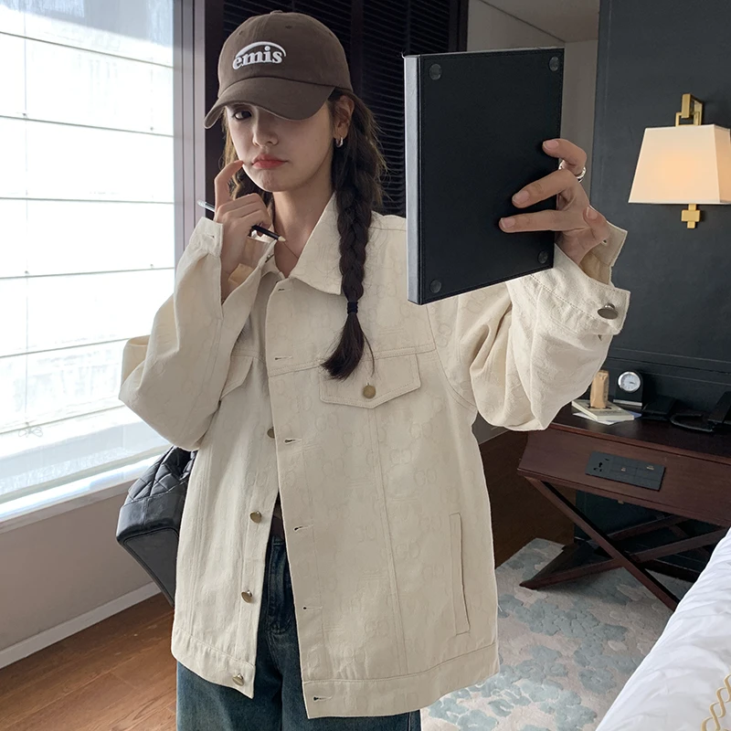 米白色牛仔外套女2025秋新款宽松百搭韩版复古高级感工装夹克上衣
