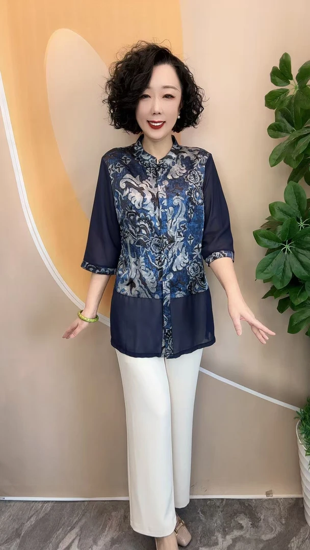 2413夏艺术花大方气质优雅中老年加肥加大开衫衬衫上衣，衣长75