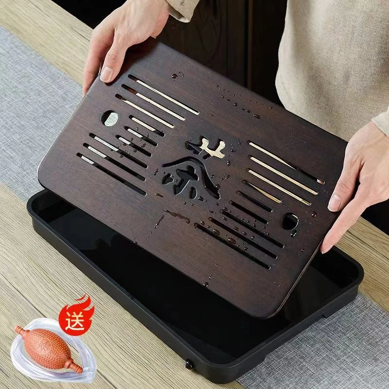 竹制茶盘家用小茶台轻奢储水排水双用简约长方形托盘*