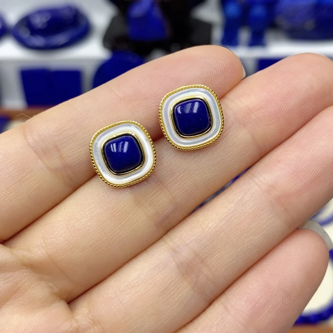 青金石耳饰银S925镀金镶嵌