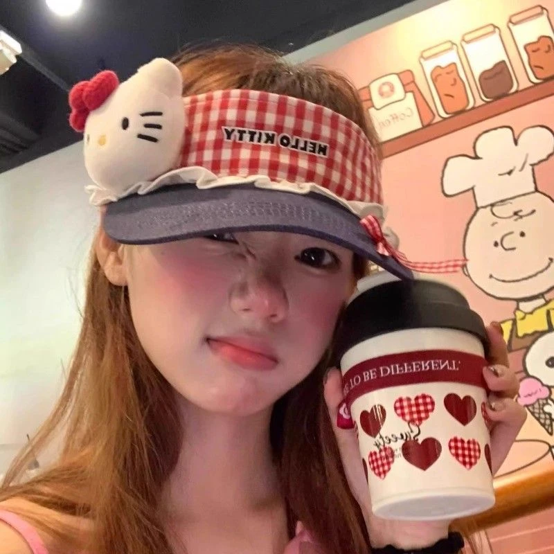 自制格纹可爱Kitty猫空顶遮阳帽女夏季户外出游显脸小遮阳鸭舌帽