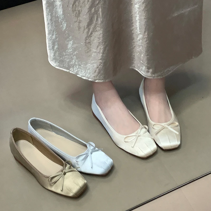 【法国设计师】 缎面方头芭蕾舞鞋女2025春季配裙子蝴蝶结浅口温