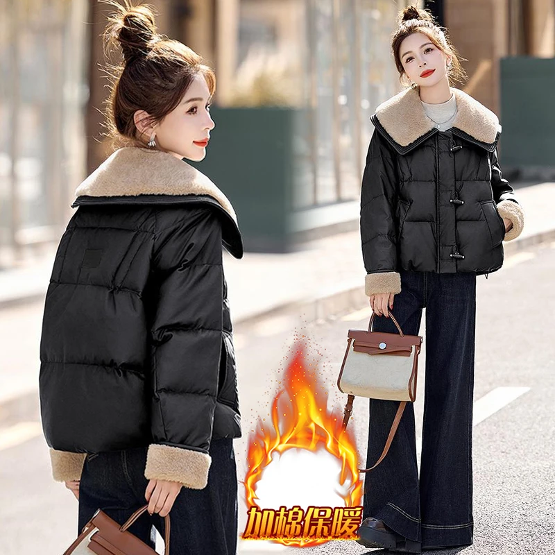 时尚拼接大翻领气质棉服女2025年冬季款宽松休闲韩版百搭短款外套