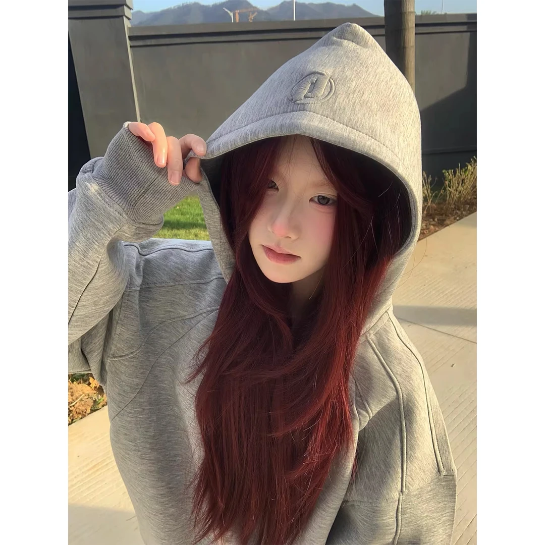 美式高街连帽灰色加绒卫衣女秋冬宽松oversize学院风百搭帽衫外套