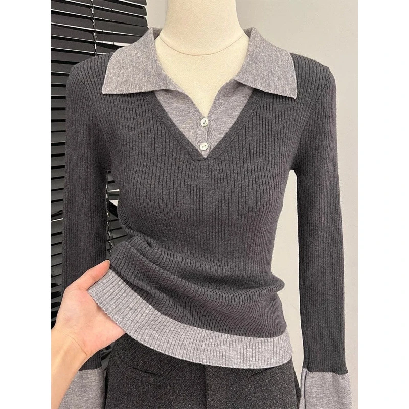 大码撞色假两件针织打底衫女秋冬季新款Polo翻领毛衣胖mm长袖上衣