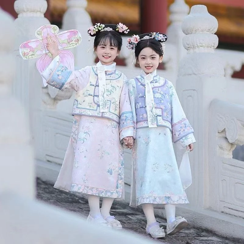 儿童格格服春秋新款清朝宫廷装2025女童汉服古装刺绣时尚旗袍套装