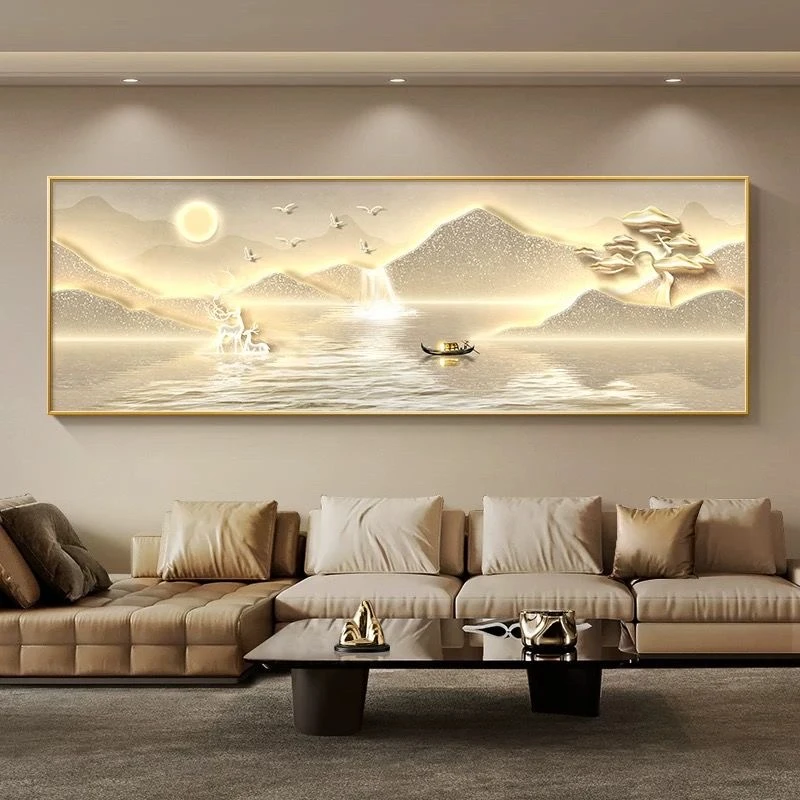 2025新款横版装饰画现代简约轻奢沙发背景墙挂画流水生财山水挂画