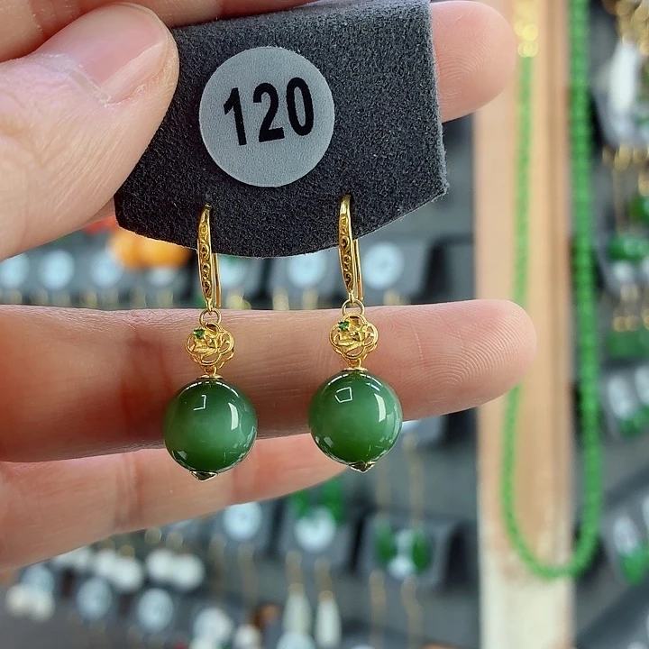 和田玉18K金镶嵌耳饰