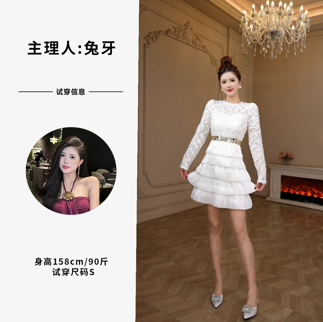 【十七推荐】短款小个子长袖蕾丝拼接连衣裙收腰显瘦公主裙21982