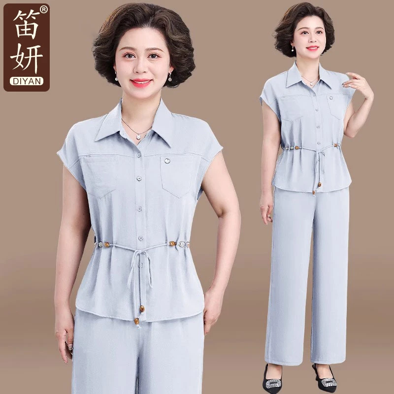 妈妈夏装时尚套装女洋气短袖衬衫中老年人夏季上衣端庄大气两件套