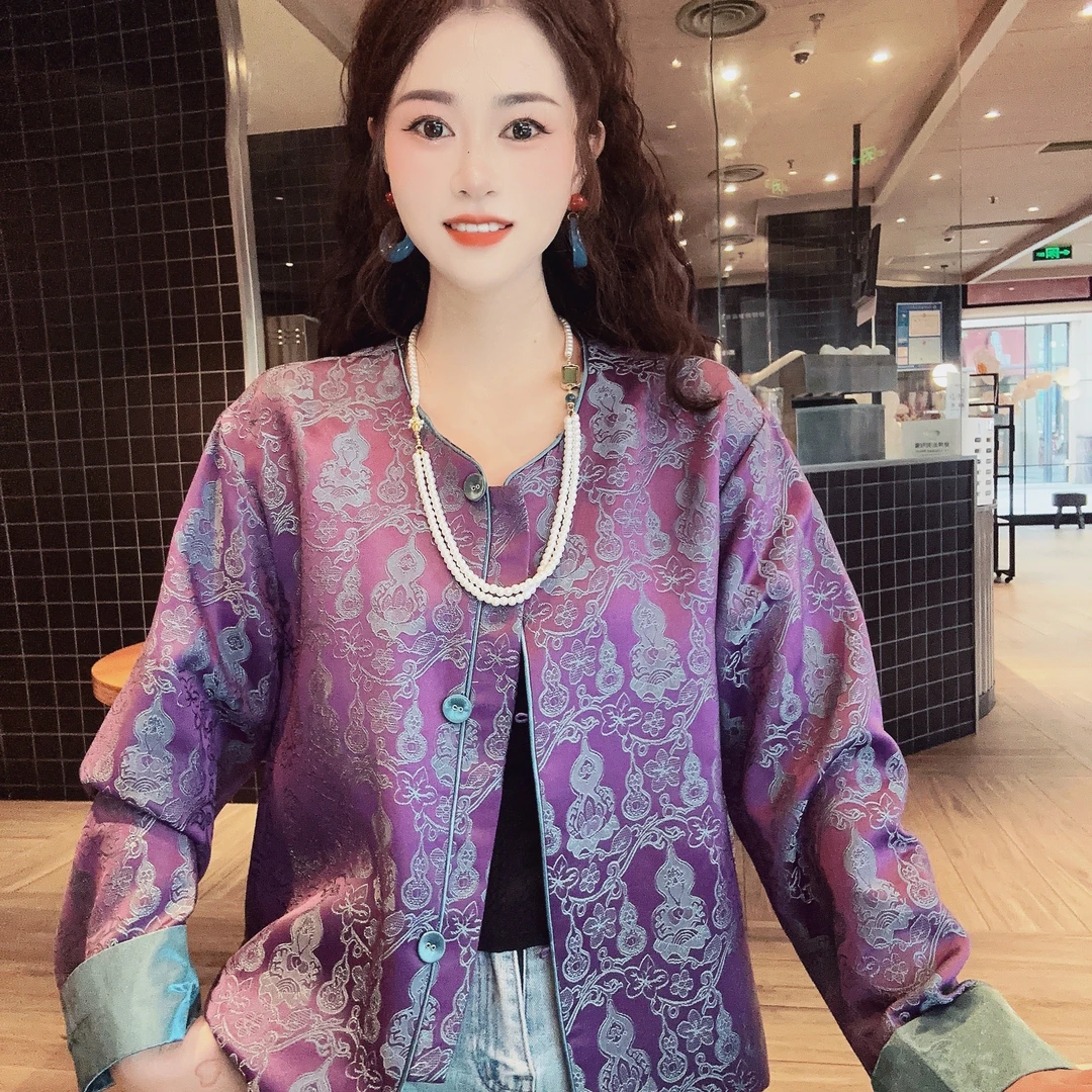 【紫葫芦】新中式气质复古立领提花织锦手工扣拼接袖包边上衣QX