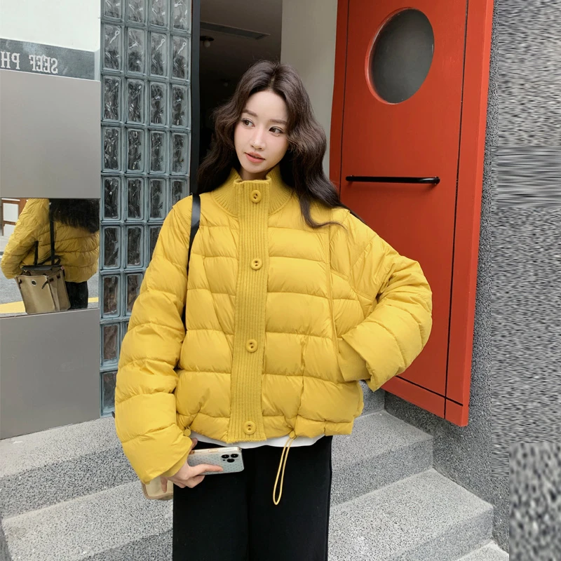 针织拼接立领短款羽绒服2025冬新款小众韩版宽松学院风白鸭绒外套