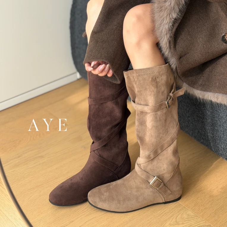 【AYE】25SS｜时髦交叉带显瘦绒面中筒靴