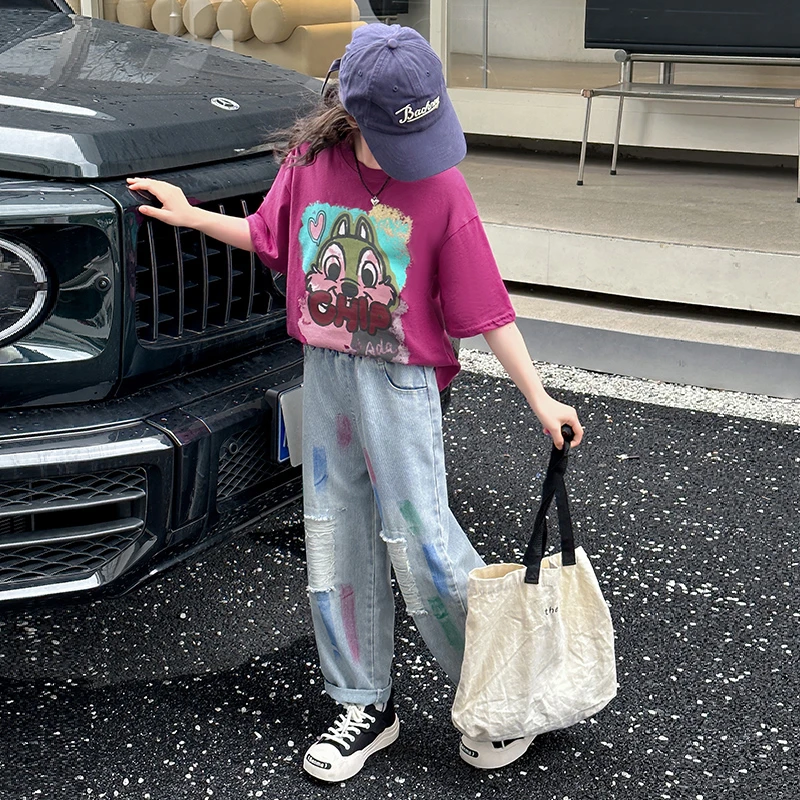 女童夏装洋气套装2025新款儿童时髦短袖T恤女孩夏季牛仔裤两件套8