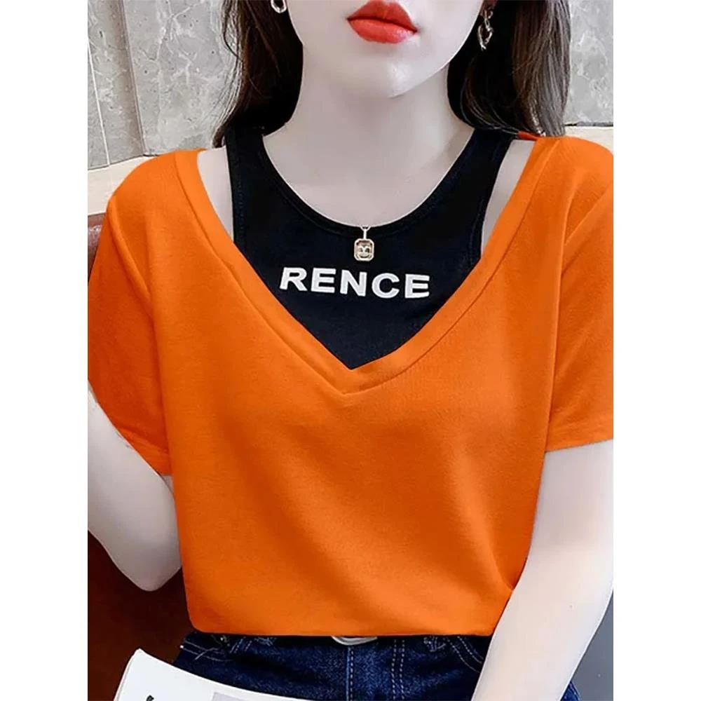 新款短袖t恤女夏季拼接假两件套洋气时髦高级感短款别致上衣夏款