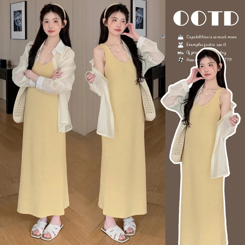 2025孕妇夏季韩系吊带+防晒设计开叉衬衫两件套套装孕期衣服潮妈