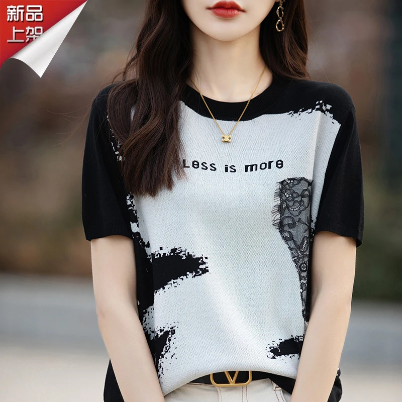 哥弟阿玛施正品夏季新款针织黑白提花撞色时尚百搭休闲短袖T恤