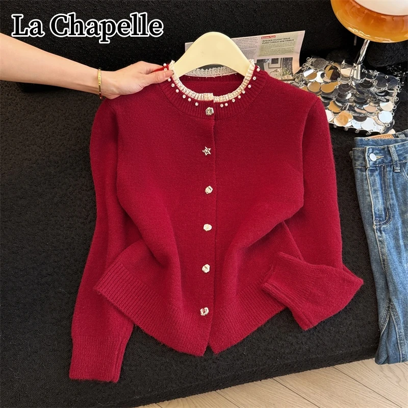 拉夏贝尔秋冬圆领重工钉珠拼接蕾丝毛衣气质百搭小香风显瘦毛衣女