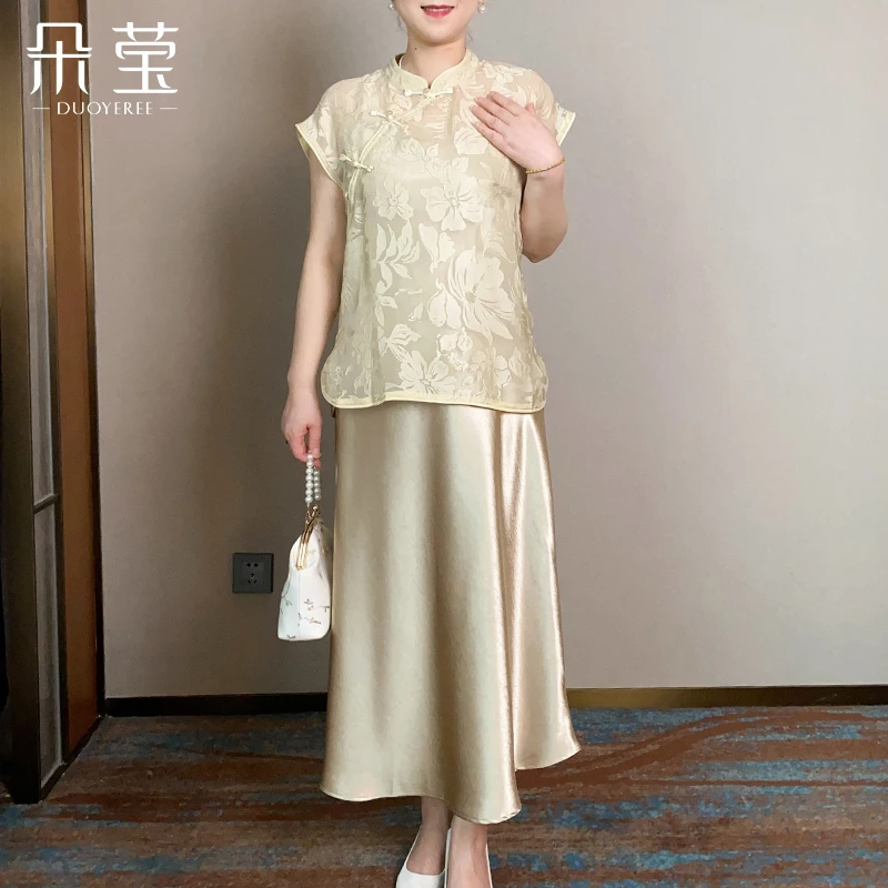 妈妈夏装新中式小衫连衣裙套装中年女连衣裙中老年时尚两件套A857