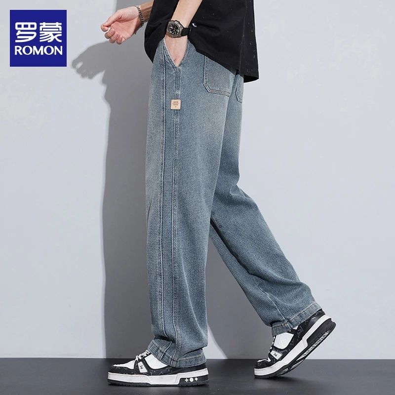 罗蒙男士牛仔裤秋季新款美式宽松直筒弹力痞帅休闲阔腿长裤子男装