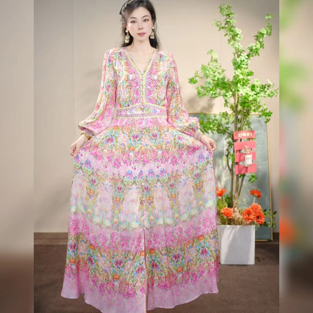 【多米拉】00525-1时尚气质温柔风收腰显瘦连衣裙长袖V领大摆设计