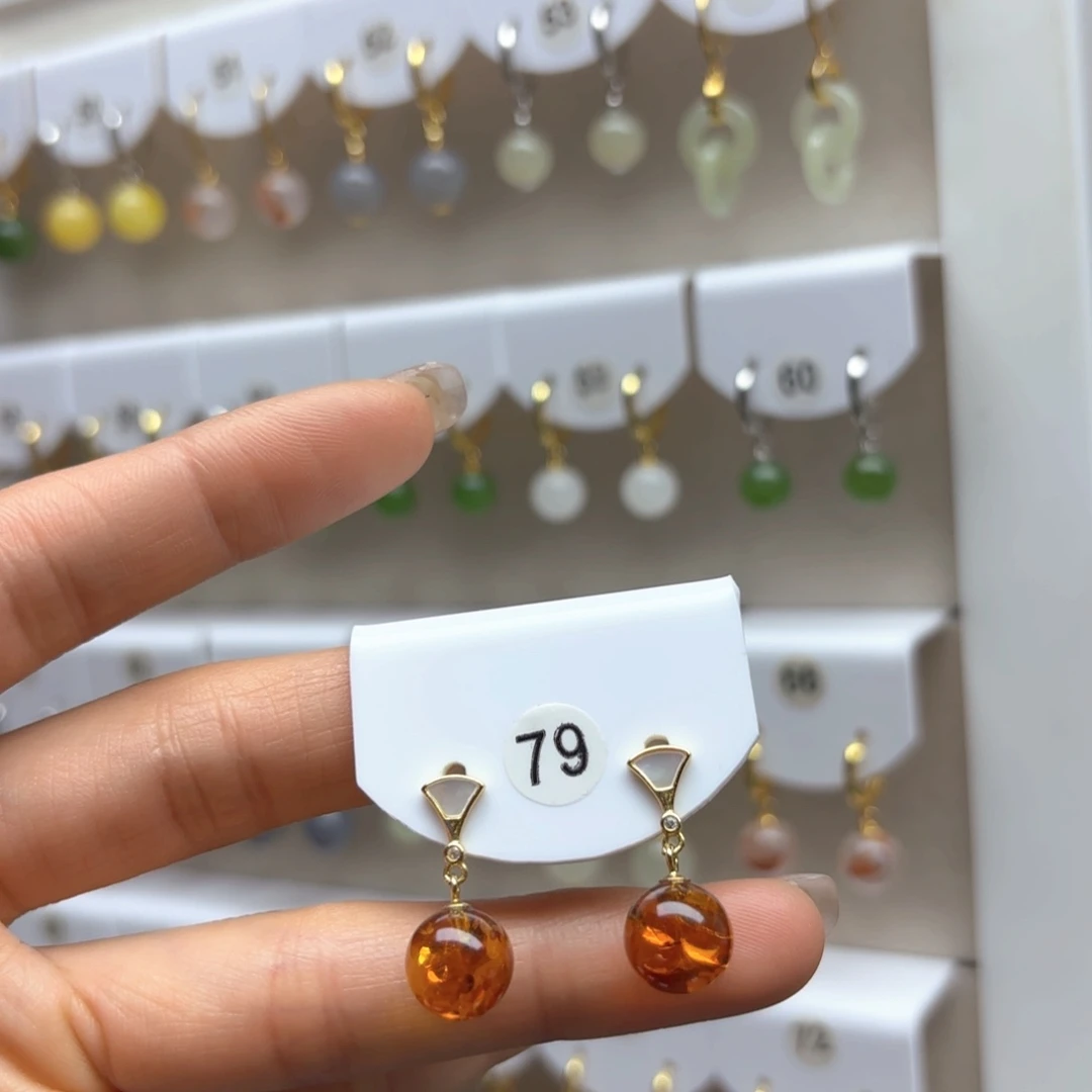 琥珀耳饰银S925镶嵌花珀