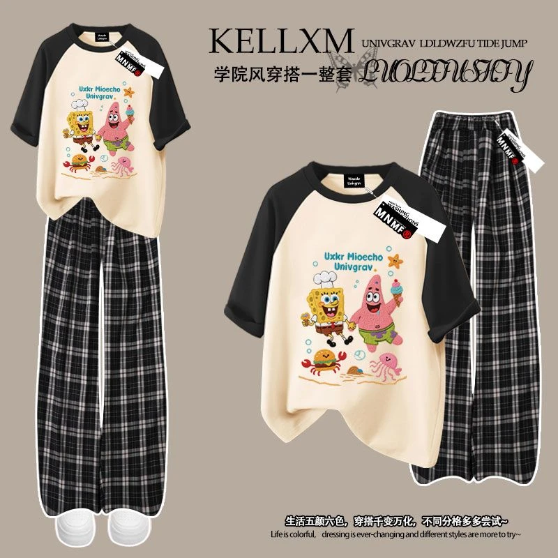 卡通ins海绵宝宝印花夏季男女童插肩短袖格子裤套装中大童两件套