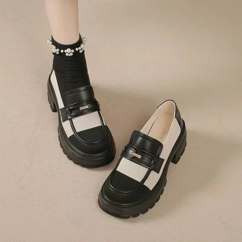 656英伦风复古圆头玛丽珍鞋女拼色厚底松糕跟透气小皮鞋