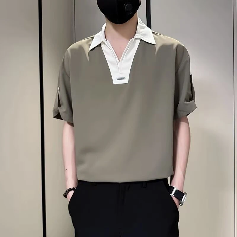 2025夏季新款潮牌设计感V领短袖男士痞帅撞色薄款T恤休闲百搭上衣