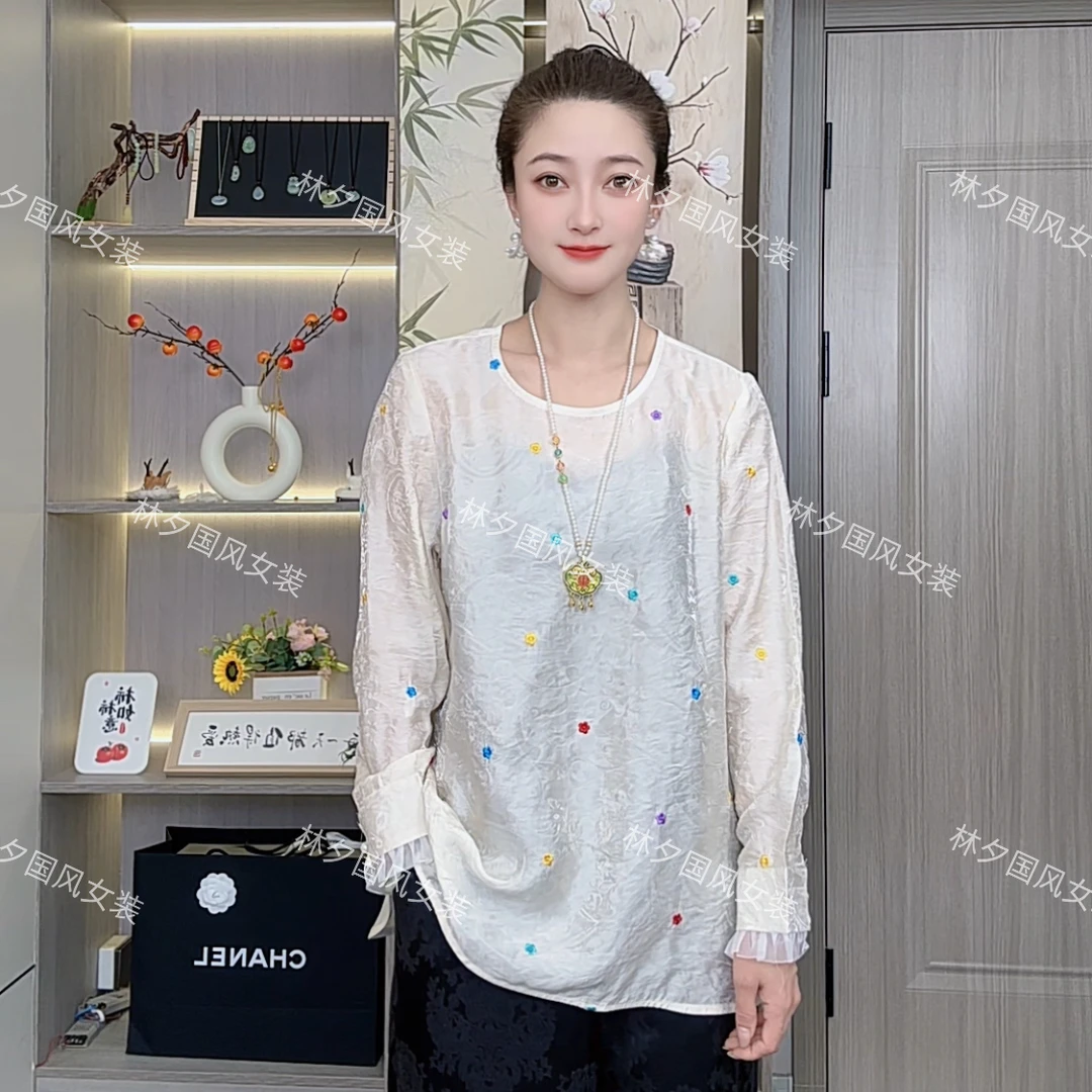 新中式设计师绣花常规款女长袖国风刺绣常规圆领T恤气质