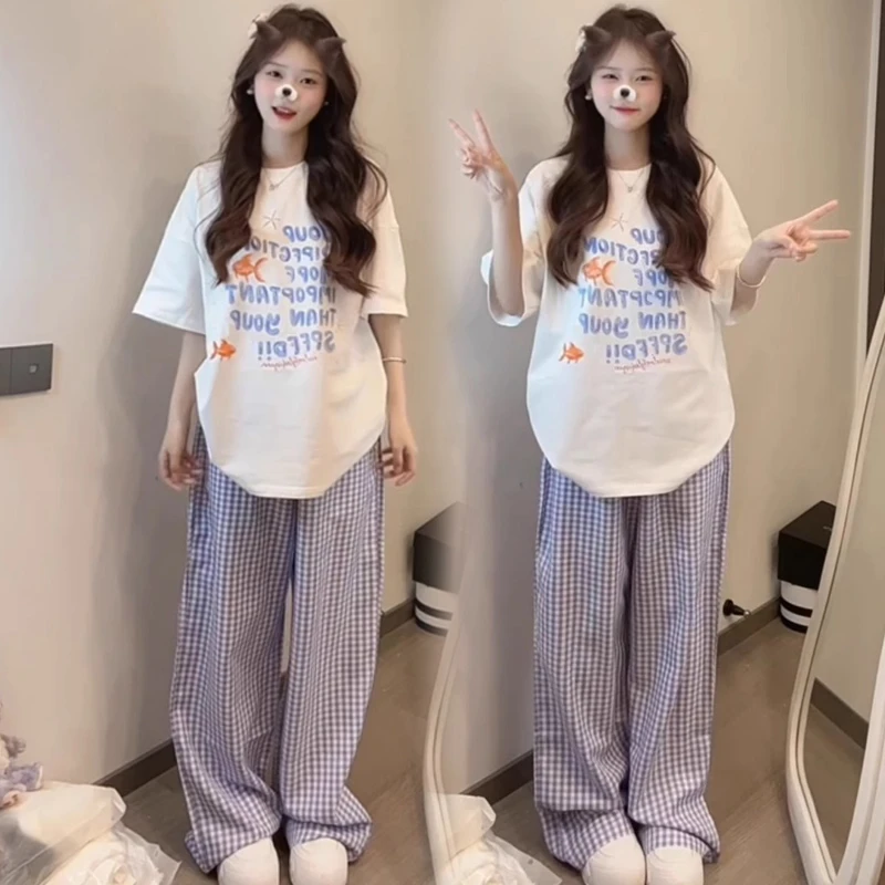 格子长裤时尚套装女装休闲运动服夏季高中学生出行旅游一整套衣服