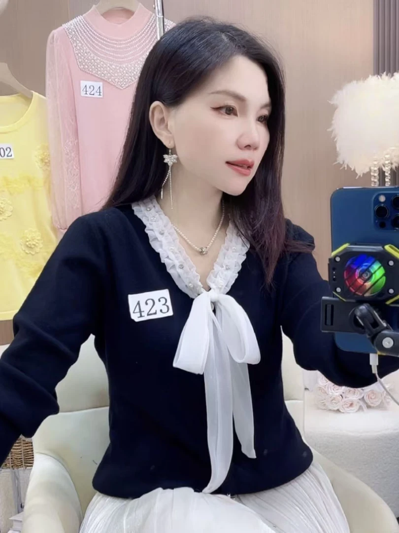 423#V领针织蝴蝶结通勤长袖毛针织衫气质显瘦衬衫毛衣女