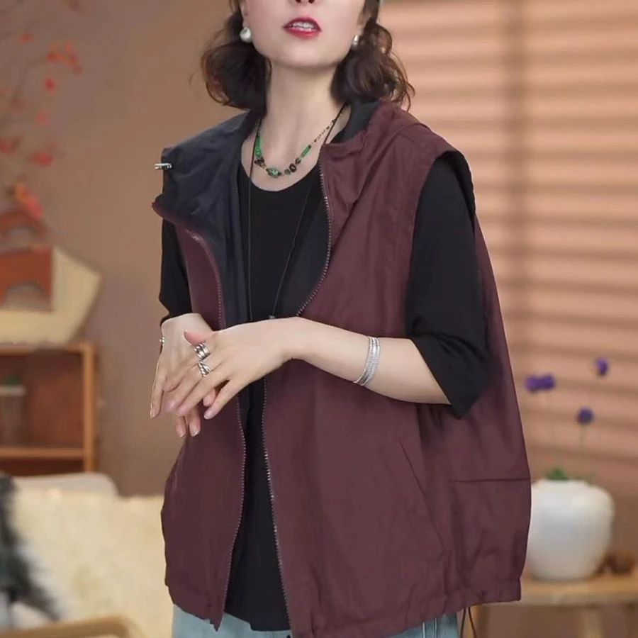 两面穿设计款连帽马甲女2025年春夏新款休闲时尚百搭无袖轻薄马夹