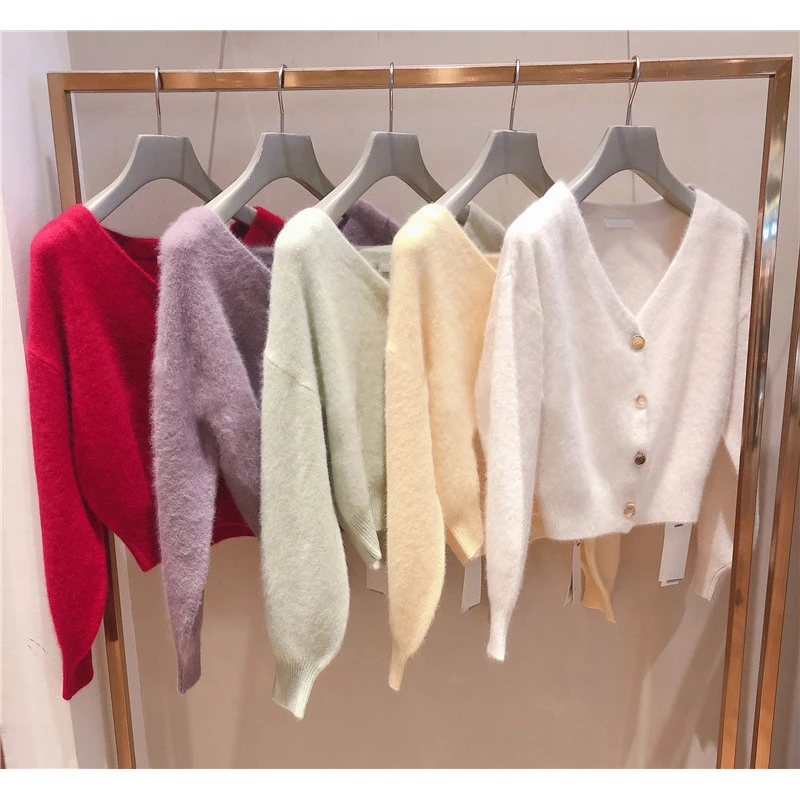 美子酱 日系甜美莫兰迪色V领宝石扣毛衣针织开衫短外套女 S4251-2