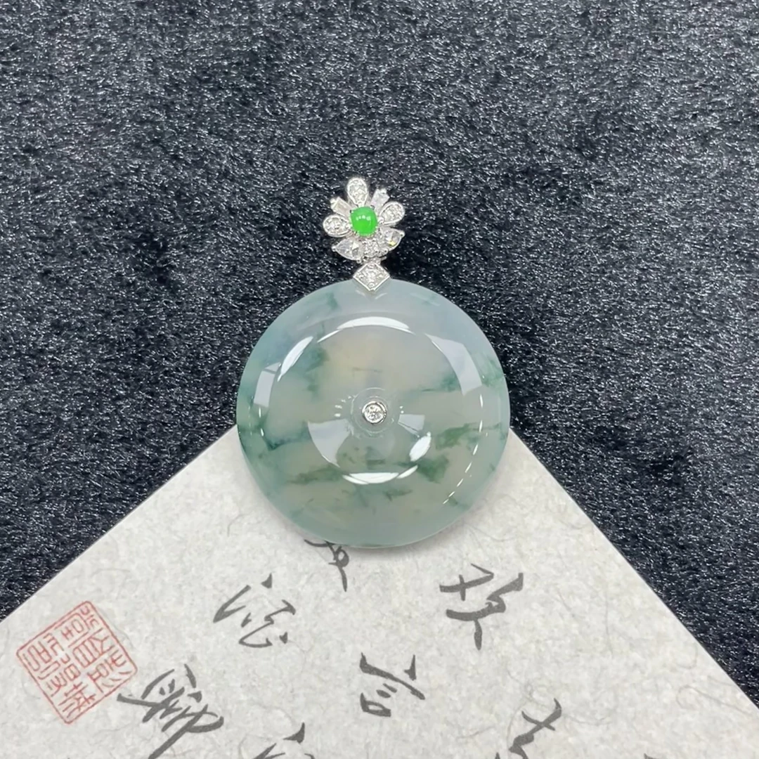 冰飘花平安扣—翡翠18K金镶嵌吊坠(赠链)