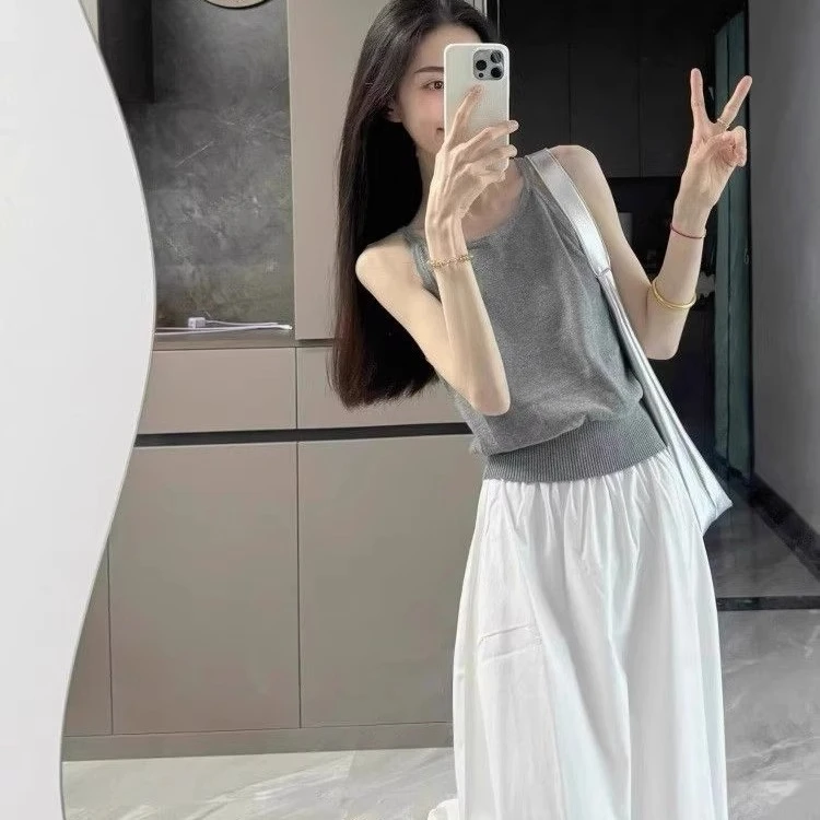 复古灰色针织吊带背心女夏高级感韩系穿搭宽松掐腰设计感无袖上衣