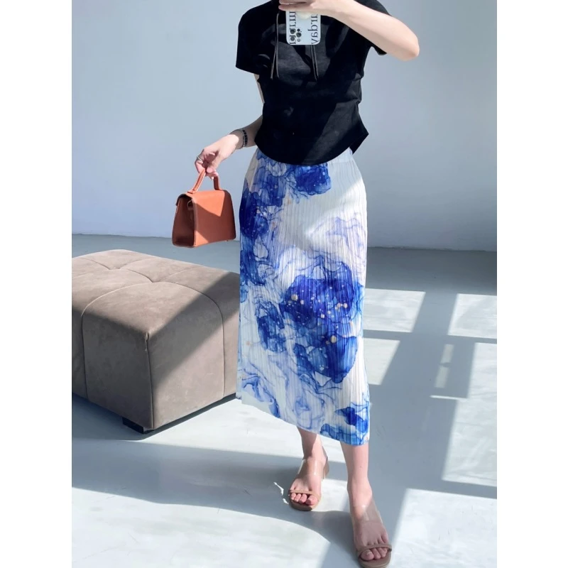 【褶二喜】新款蓝染印花褶皱半身裙慵懒风优雅百搭显瘦高级半裙