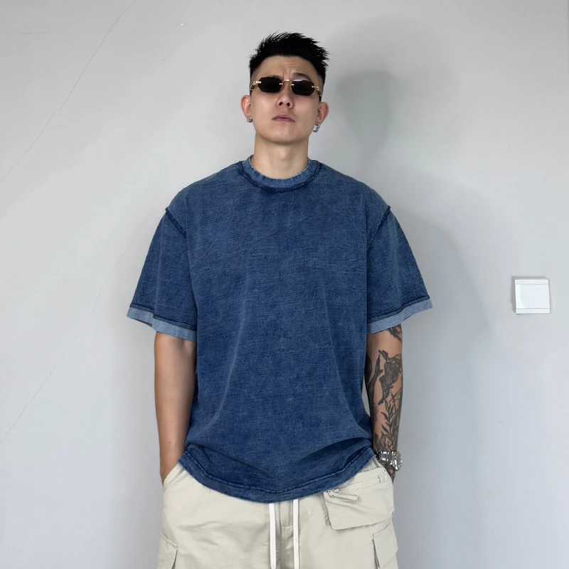 郑郑郑NEIQ店复古水洗抄花短袖T恤