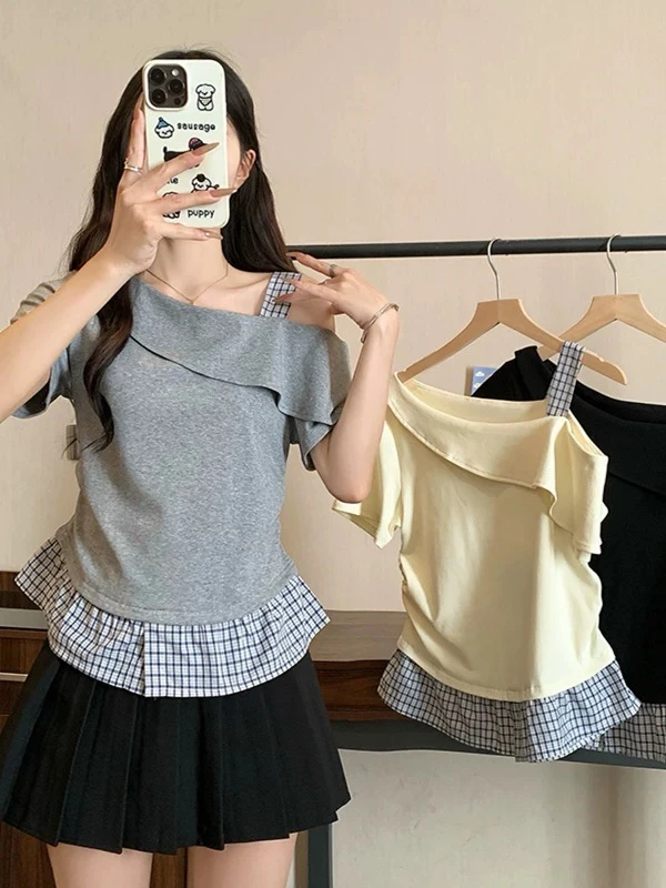 胖MM斜肩收腰显瘦拼接短袖T恤女新款夏季大码别致设计感上衣3108