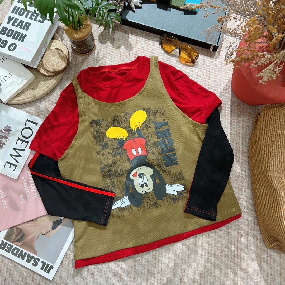 2025冬季新款时尚休闲真两件拼色长袖T恤1771