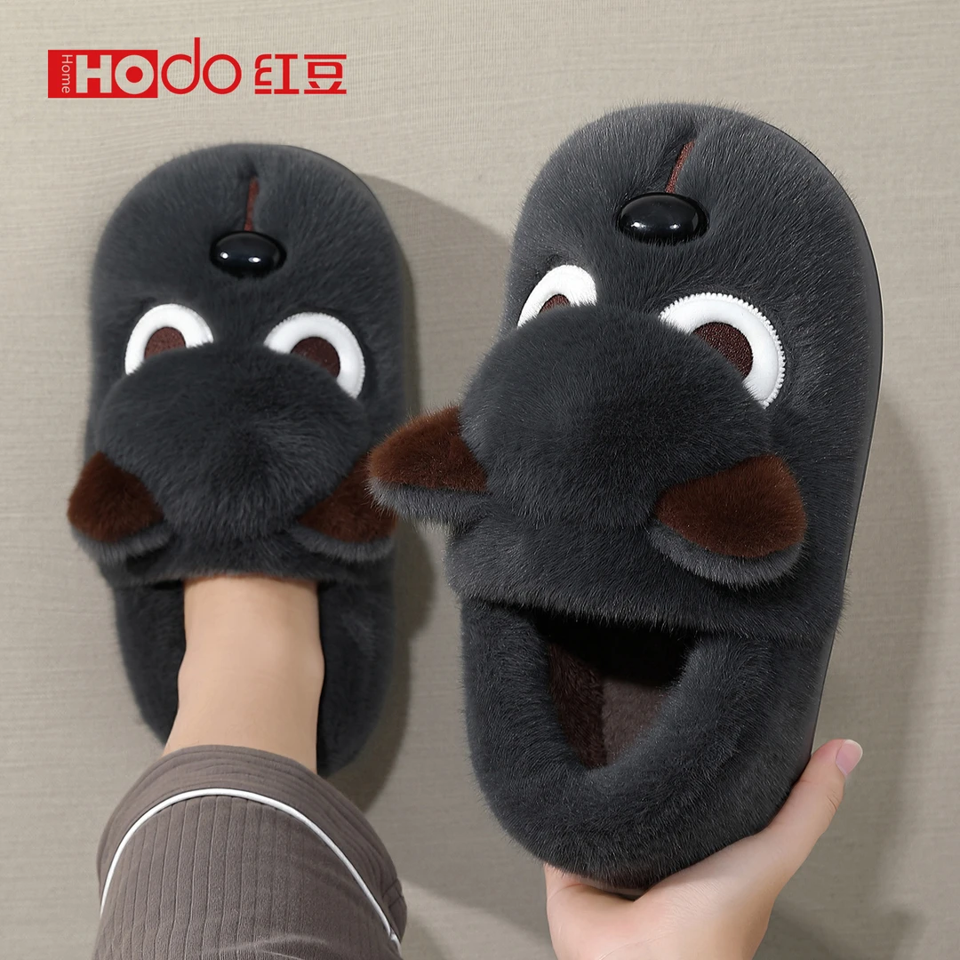 红豆棉拖鞋男款冬季2025新款包跟毛毛绒保暖室内家居男士棉鞋外穿