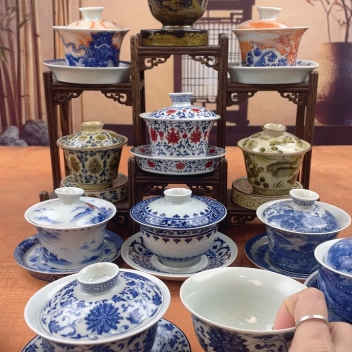 L***.摆件陶青花缠枝莲元宝盖碗+压手杯 杯垫