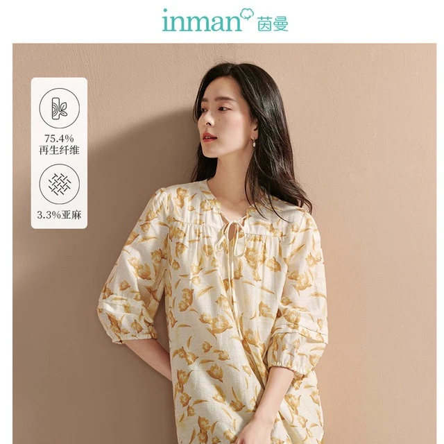 【商场同款】茵曼春秋女衬衫上衣长袖新款亚麻宽松显瘦印花休闲通勤